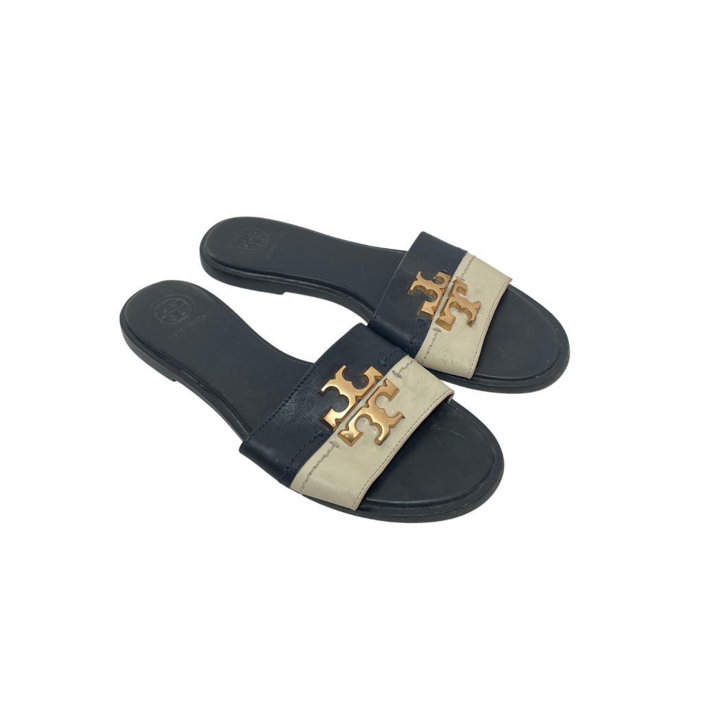 Tory Burch Navy & Cream Leather Logo Slides | Pre Loved |