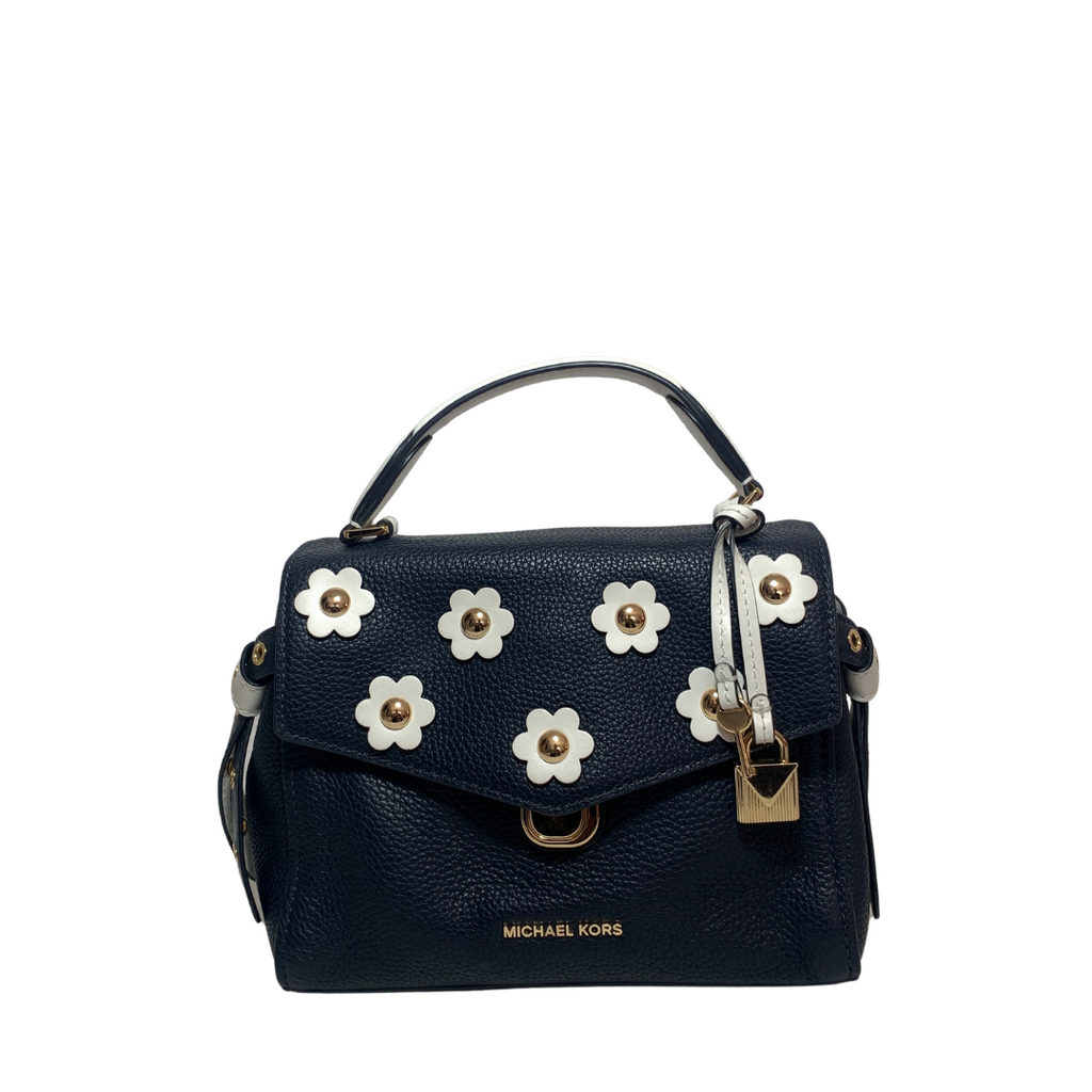 Michael Kors Navy Pebbled Leather 'Bristol' Floral Applique Small Tote | Gently Used |
