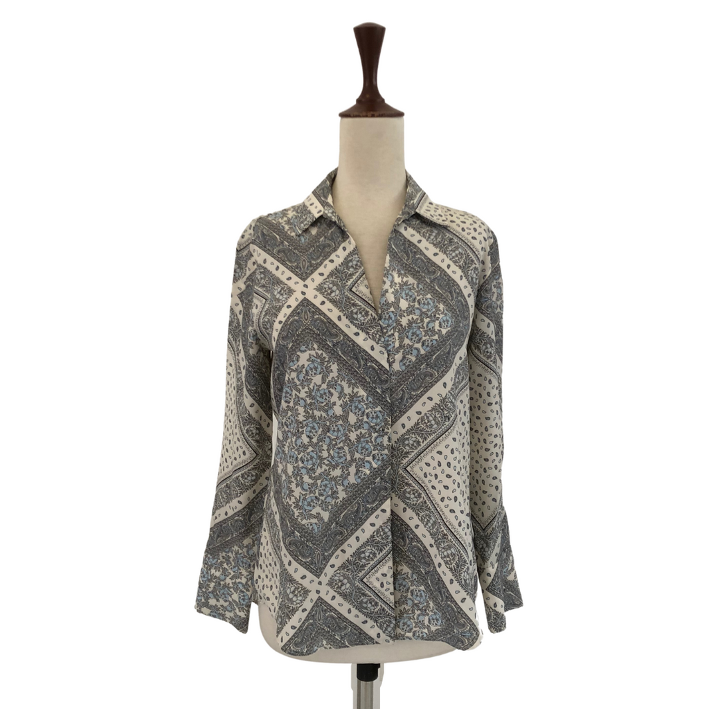 ZARA White and Blue Printed Collared Shirt | Gently Used |