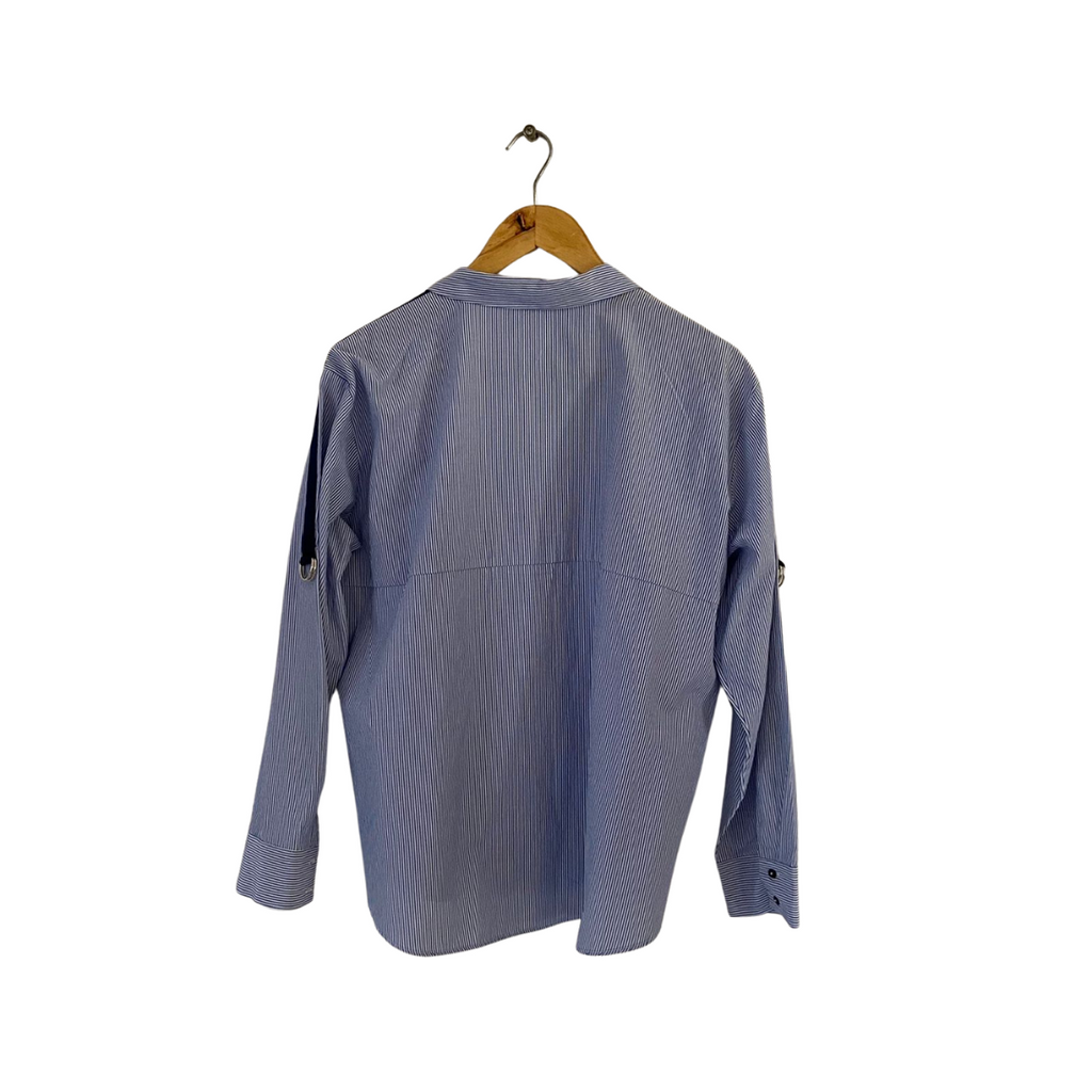 ZARA Blue and White Striped Collared V-neck Shirt | Gently Used |