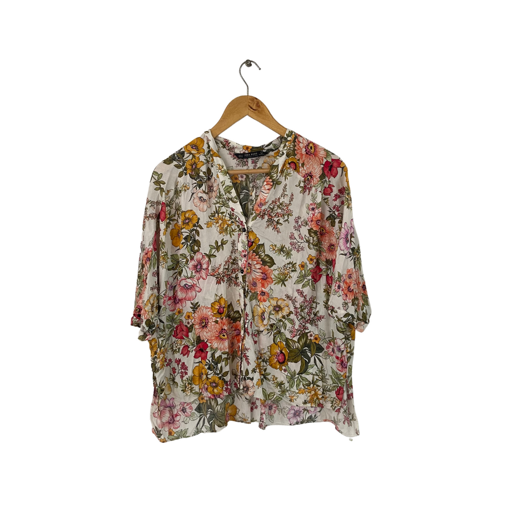 ZARA White Floral Printed Short-sleeve Shirt  | Gently Used |