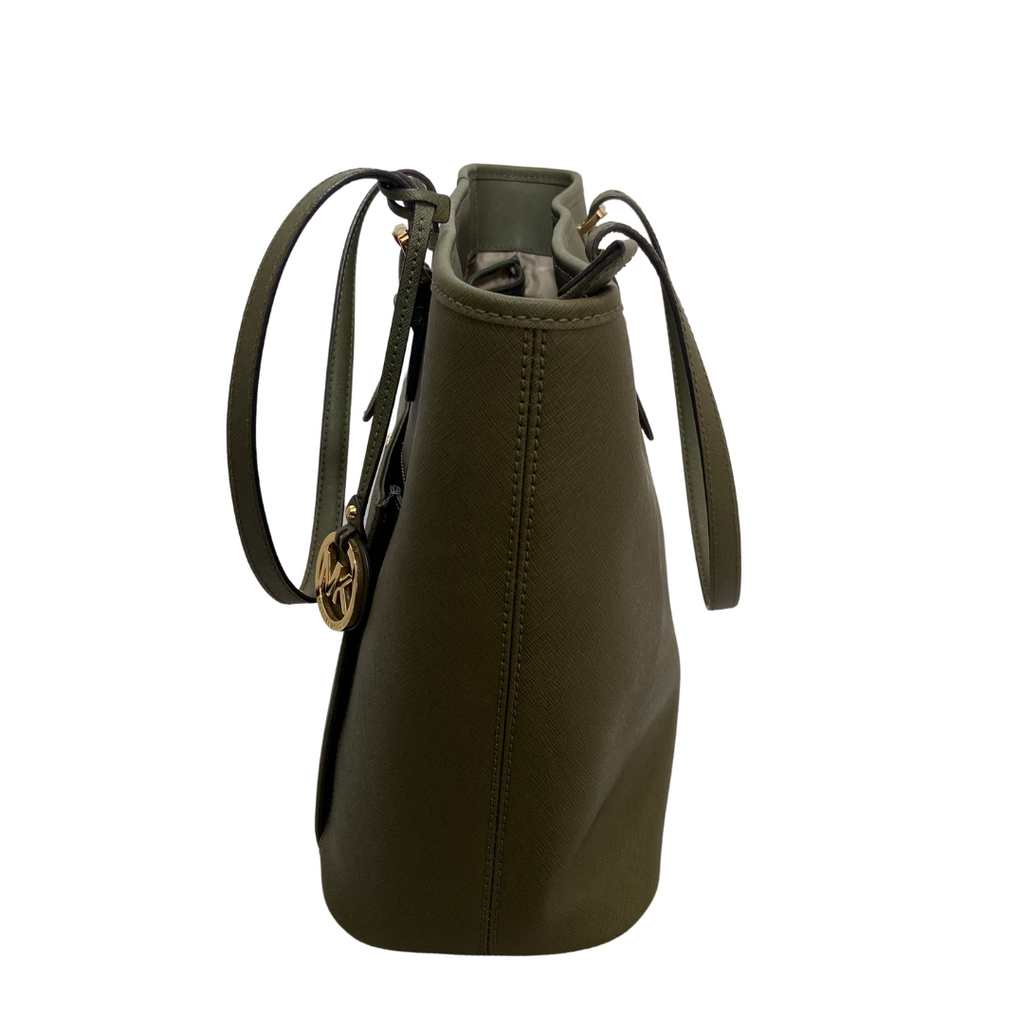 Michael Kors Army Green Saffiano Leather Jet Set Large Pocket Tote Bag | Gently Used |