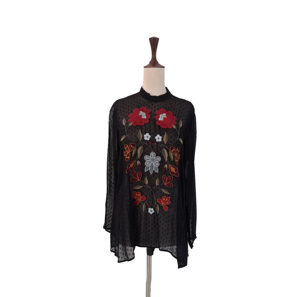 ZARA Black Sheer Long-sleeve Blouse with Red Floral Embroidery | Gently Used |