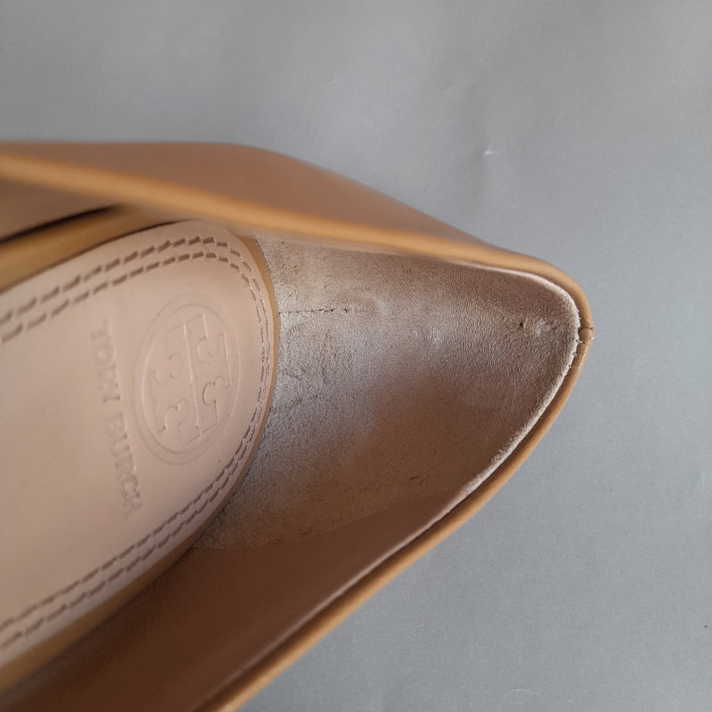 Tory Burch Sedgewick Sand Tone Leather Peep-toe Wedges | Pre Loved |