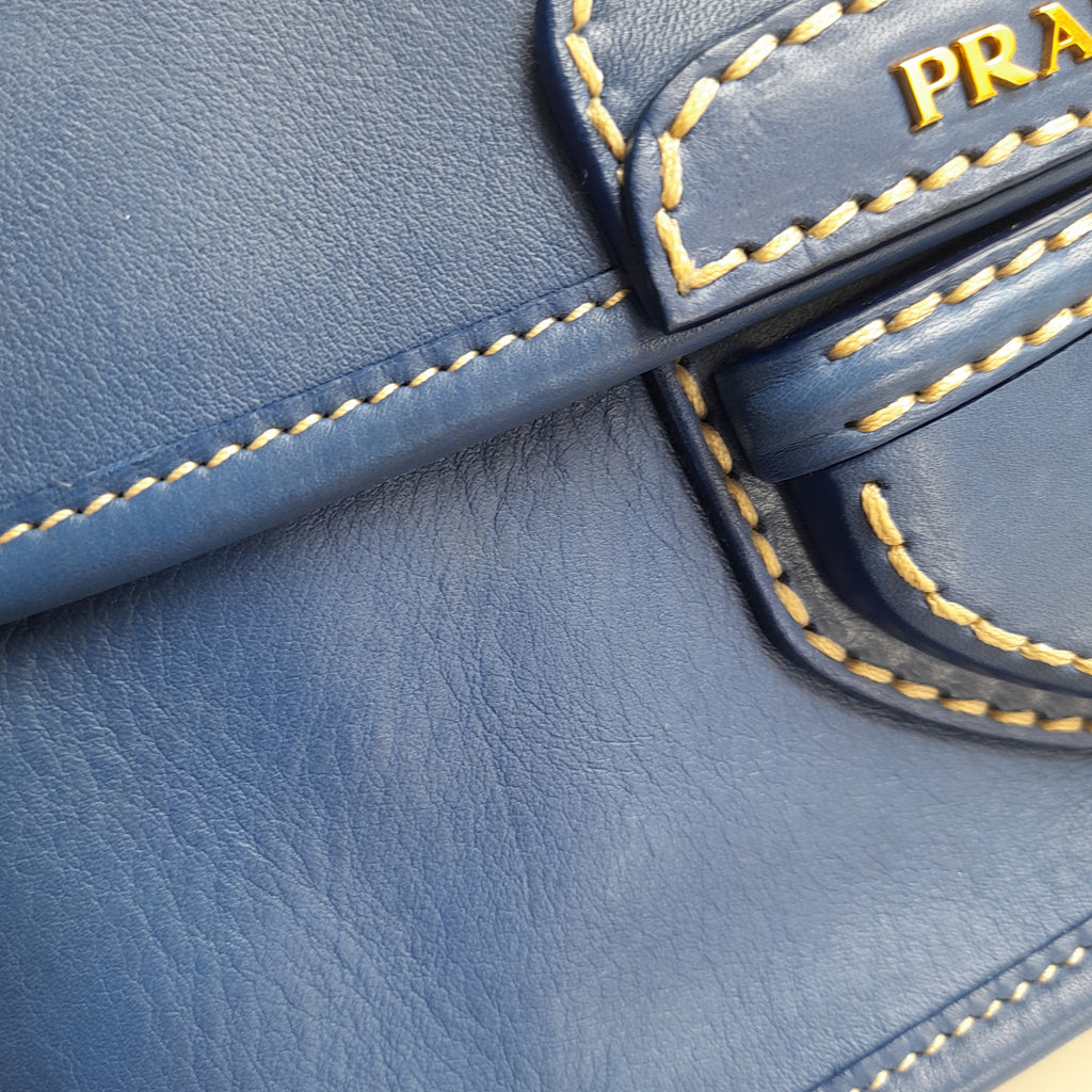 Prada Blue Leather City Clutch Bag | Pre Loved |
