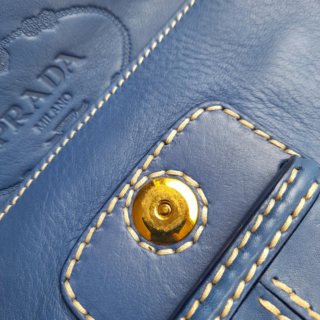 Prada Blue Leather City Clutch Bag | Pre Loved |