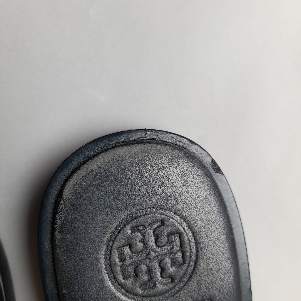Tory Burch Navy & Cream Leather Logo Slides | Pre Loved |
