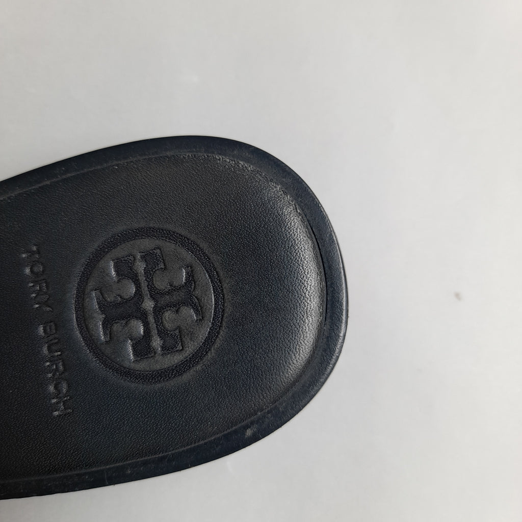 Tory Burch Navy & Cream Leather Logo Slides | Pre Loved |