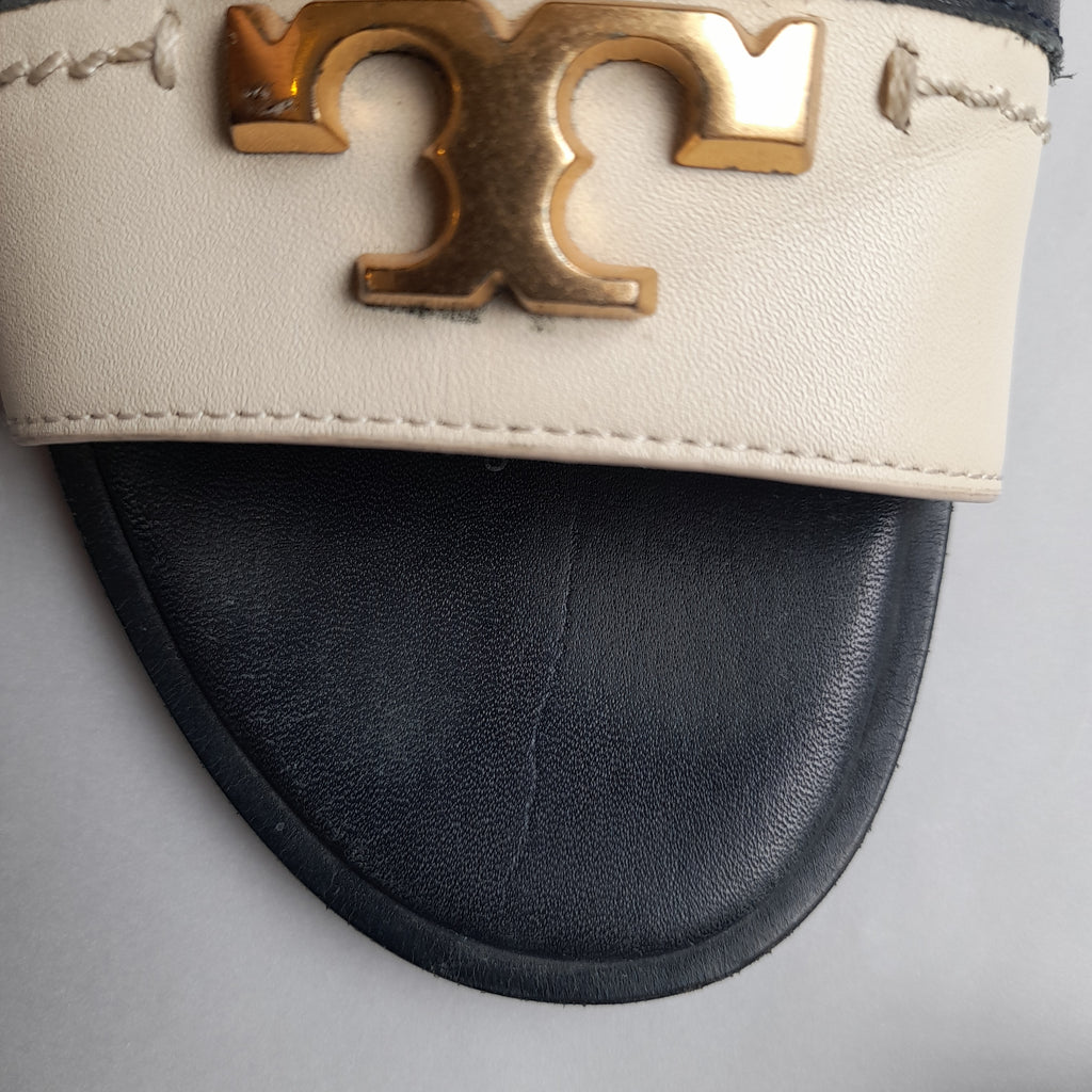 Tory Burch Navy & Cream Leather Logo Slides | Pre Loved |