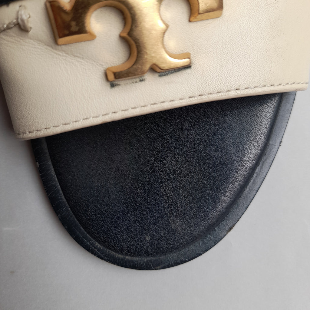 Tory Burch Navy & Cream Leather Logo Slides | Pre Loved |