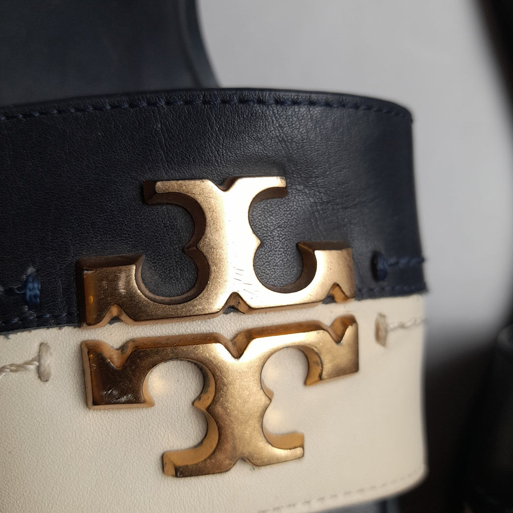 Tory Burch Navy & Cream Leather Logo Slides | Pre Loved |
