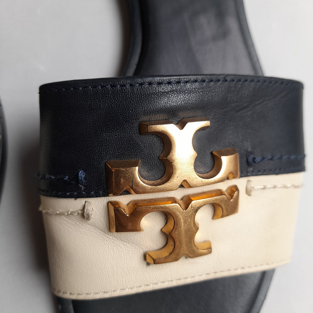 Tory Burch Navy & Cream Leather Logo Slides | Pre Loved |