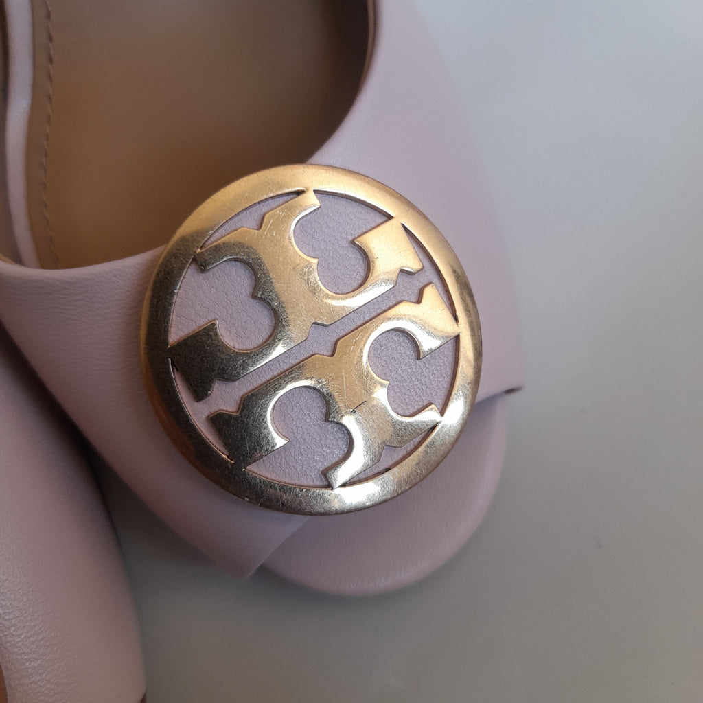 Tory Burch 'Benton' Sea Shell Pink Leather Peep-Toe Wedges | Like New |