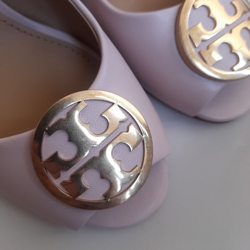 Tory Burch 'Benton' Sea Shell Pink Leather Peep-Toe Wedges | Like New |