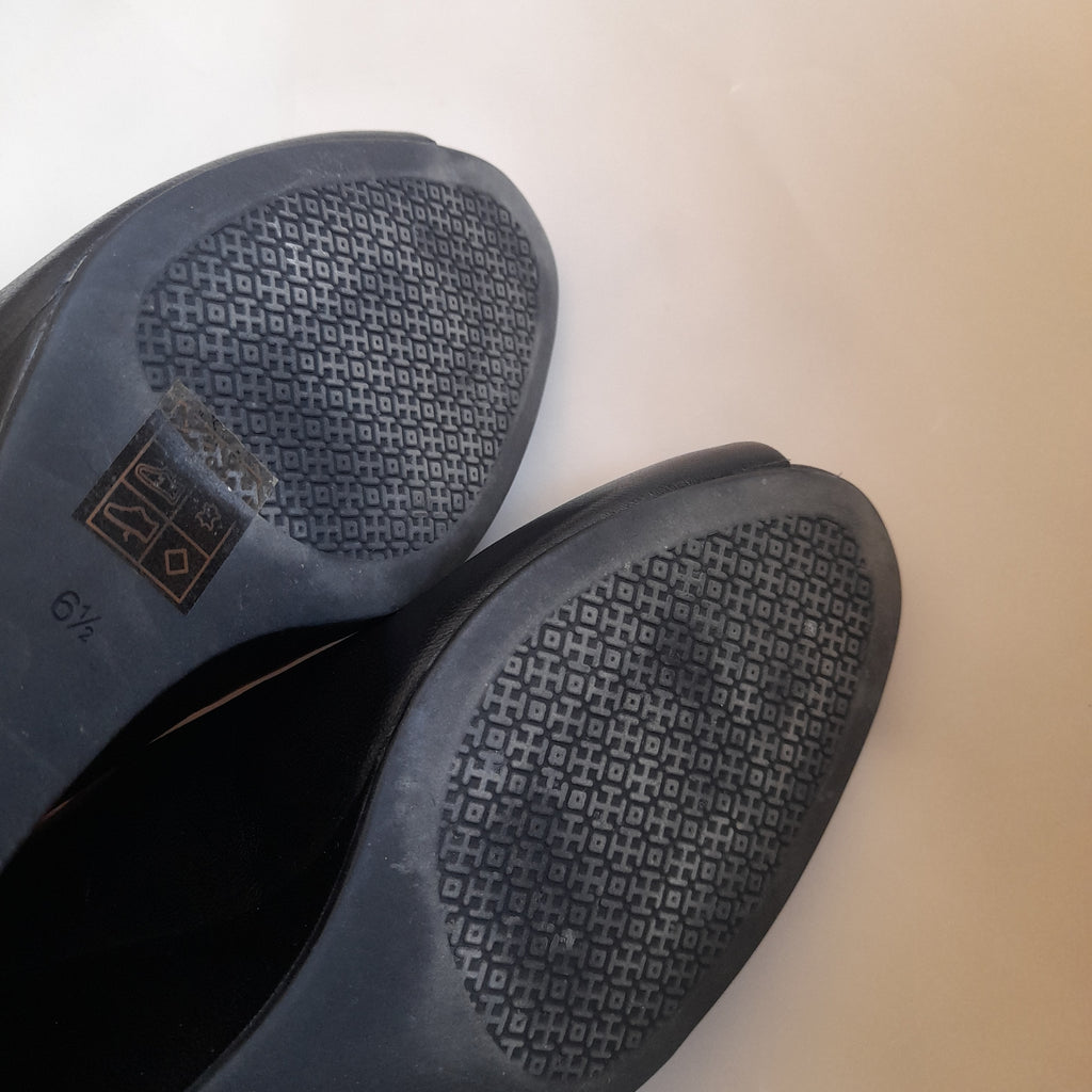 Tory Burch Black Leather Logo Peep-Toe Wedges | Gently Used |