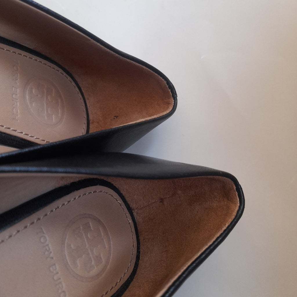 Tory Burch Black Leather Logo Peep-Toe Wedges | Gently Used |