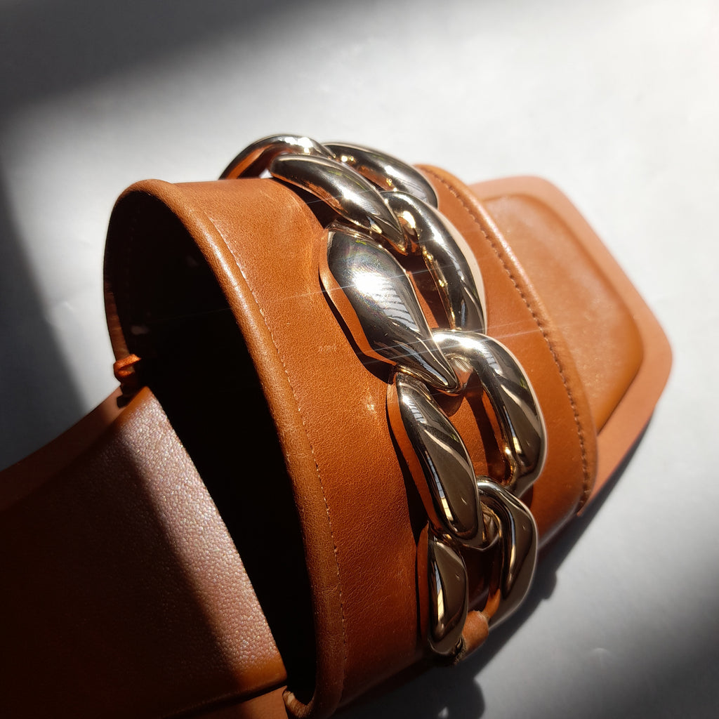 ZARA Tan Gold Chain Slides | Like New |