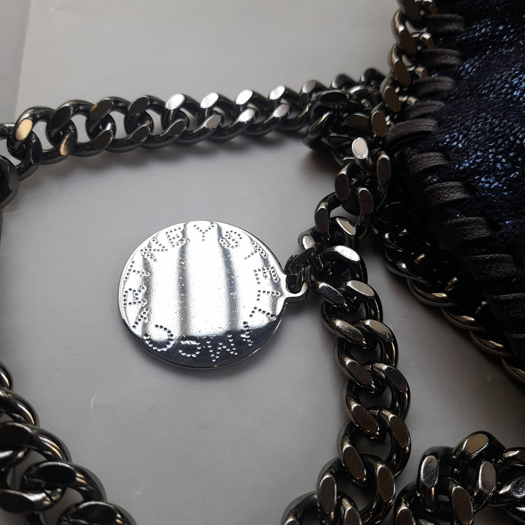 Stella McCartney Navy Blue Metallic 'Falabella' Chamois Fold-over Tote Bag | Gently Used |