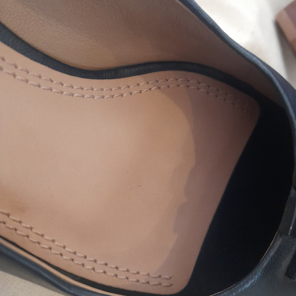 Tory Burch Navy Leather Logo Peep-toe Wedges | Like New |