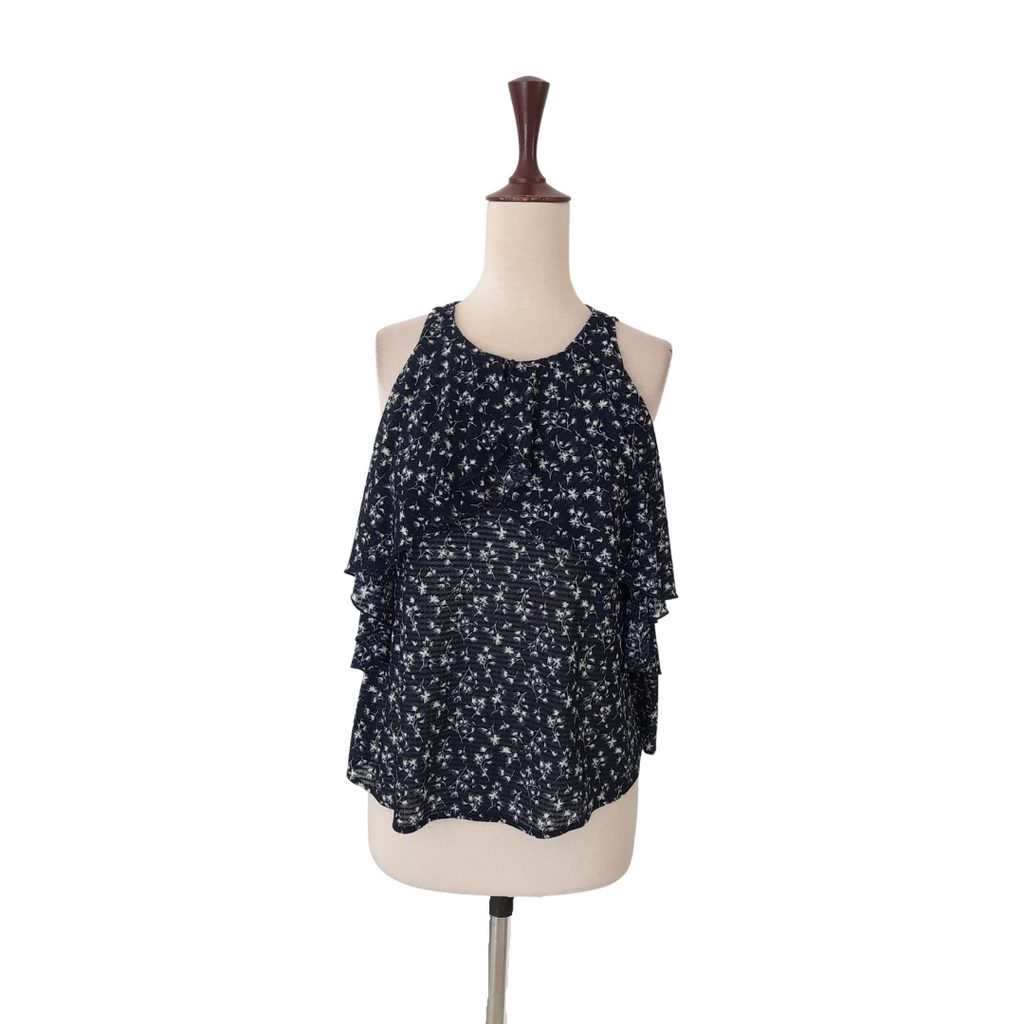 Mango Blue and White Printed Sleeveless Frill Blouse | Gently Used |