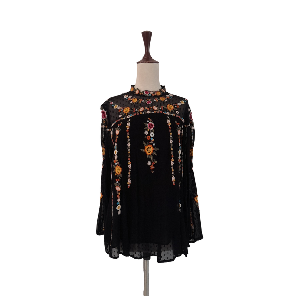 ZARA Black Sheer Long-sleeve Blouse with Yellow Floral Embroidery | Gently Used |