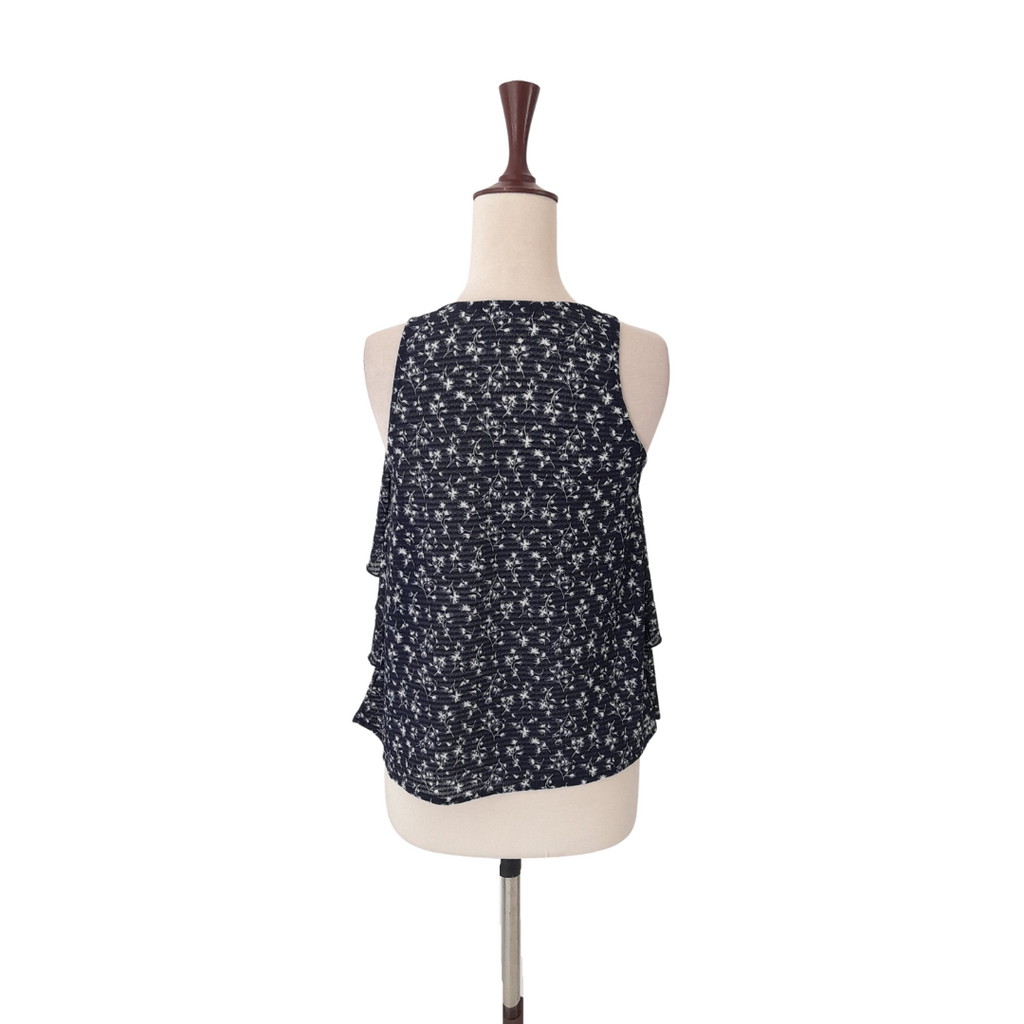Mango Blue and White Printed Sleeveless Frill Blouse | Gently Used |