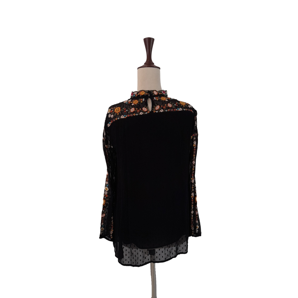 ZARA Black Sheer Long-sleeve Blouse with Yellow Floral Embroidery | Gently Used |