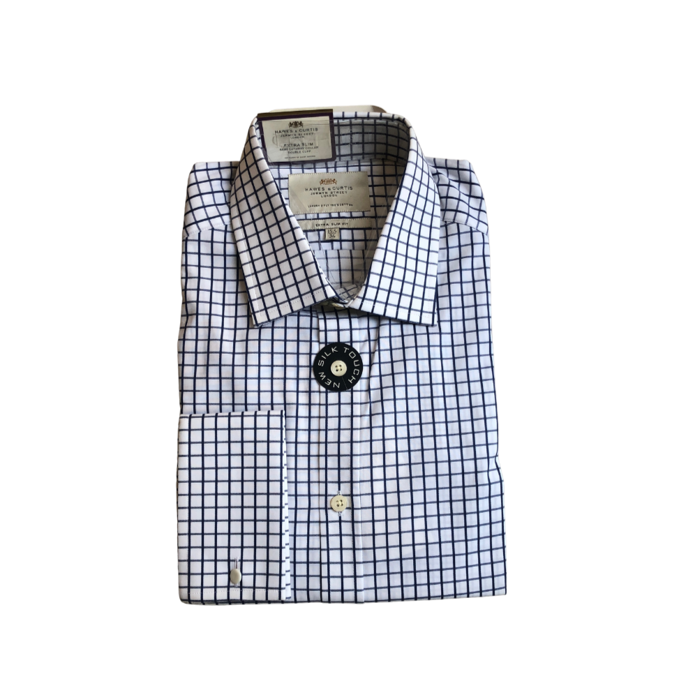 Hawes & Curtis White and Blue Checked Slim Fit Collared Shirt | Brand New |