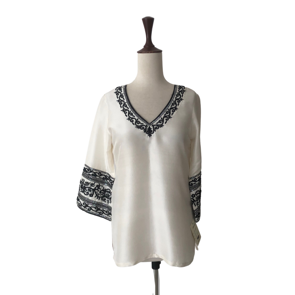 Petals White Raw Silk with Black Embroidery Short Kurti | Brand New |