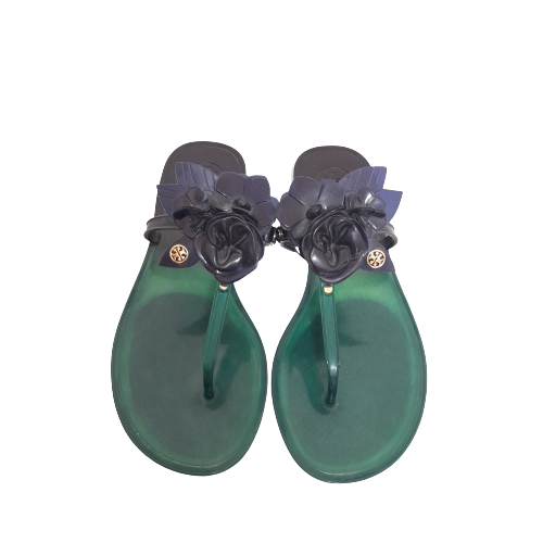 TORY BURCH Green & Brown Thongs Blossom Jelly Sandals | Pre Loved |