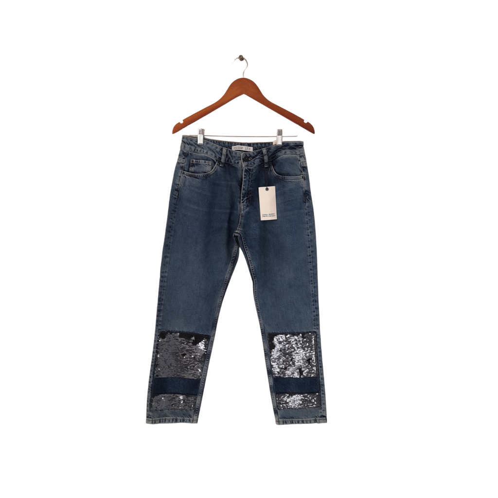ZARA Blue Denim and Black Sequins Cigarette Fit Jeans | Brand New |