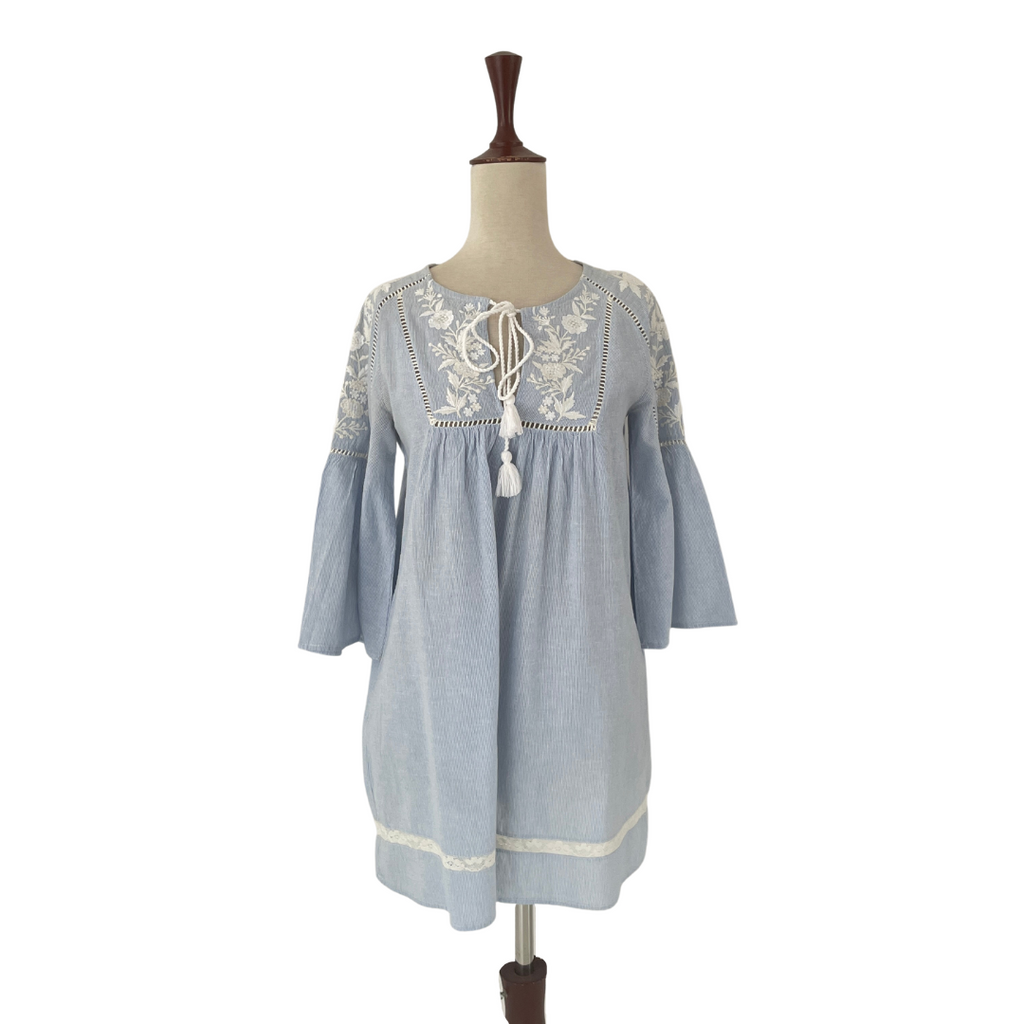 ZARA Blue & White Embroidered Peasant Top | Pre Loved |