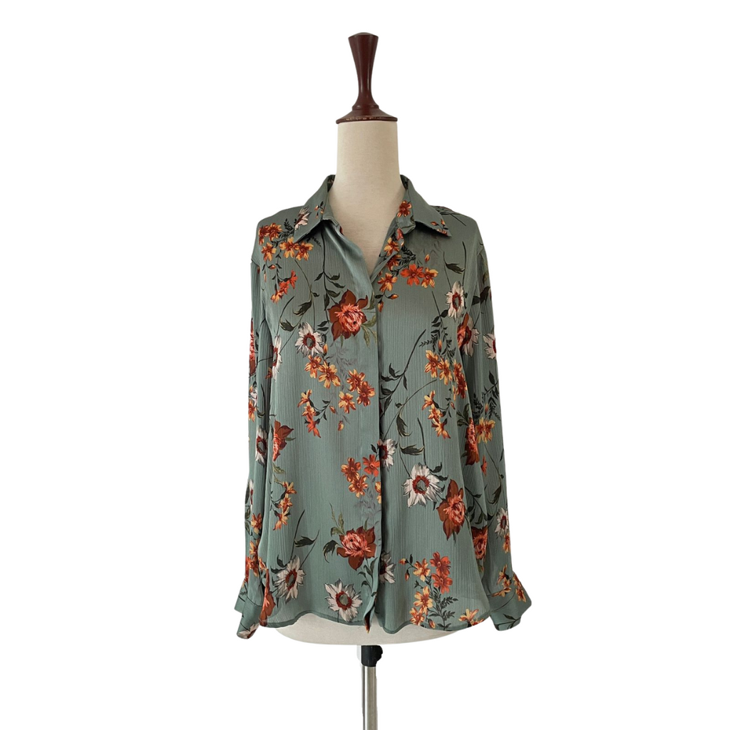ZARA Green with Orange Flowers Printed Collared Shirt | Gently Used |