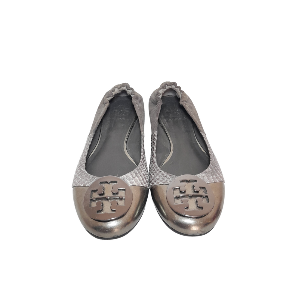 Tory Burch Silver Croc Textured & Suede Ballet Flats | Pre Loved |
