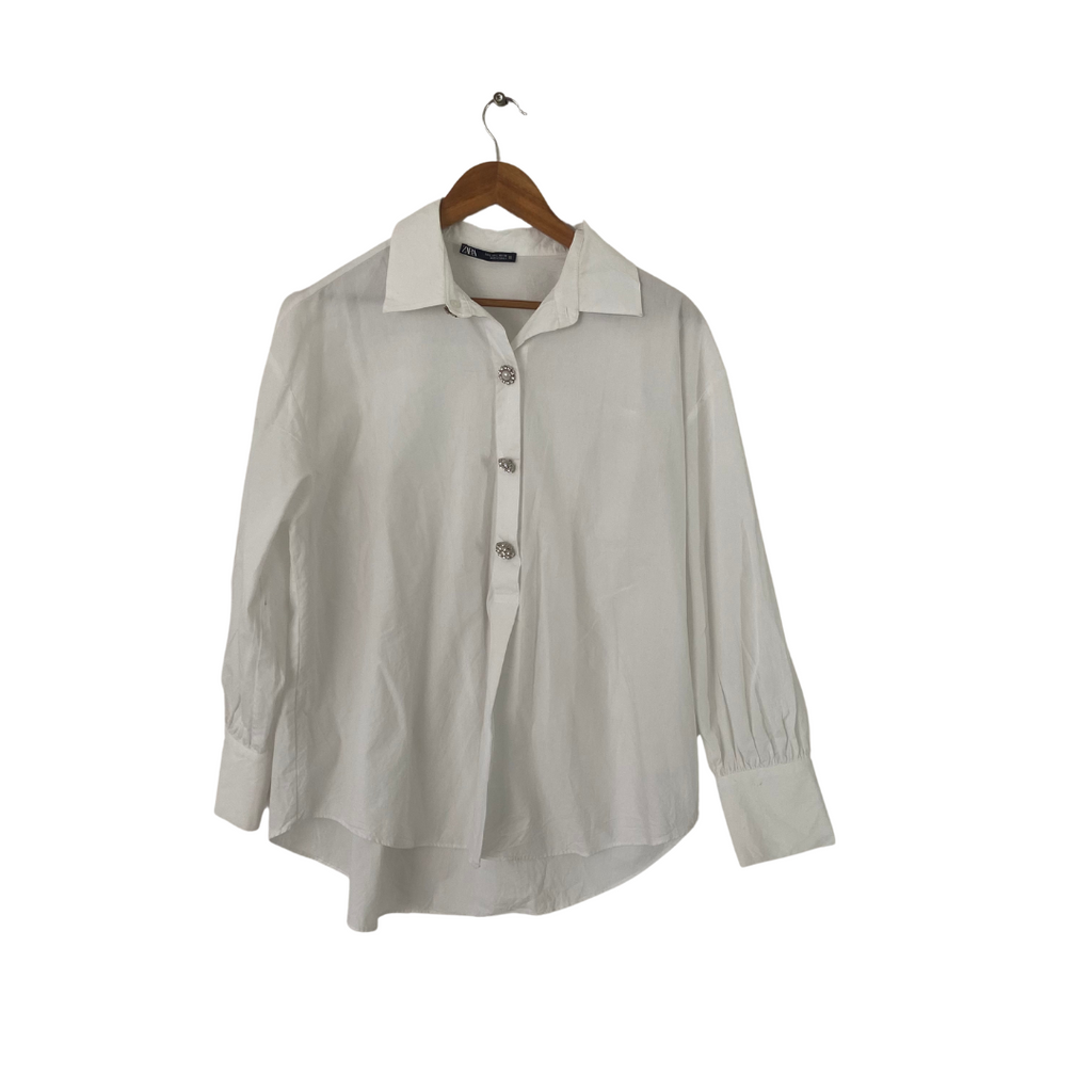 ZARA White Rhinestone Buttons Collared Shirt | Gently Used |