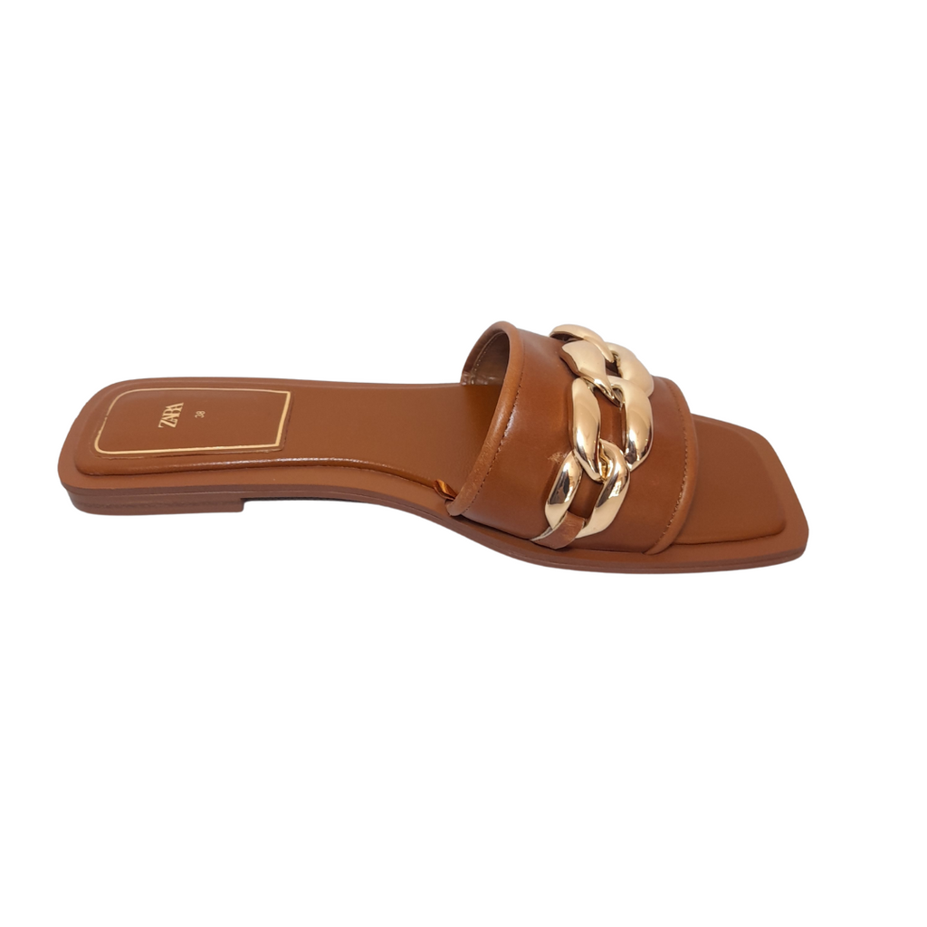 ZARA Tan Gold Chain Slides | Like New |