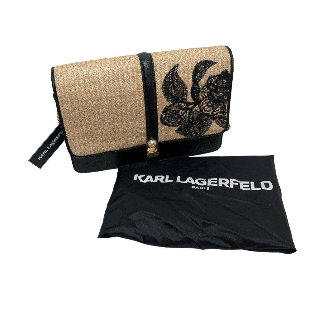 Karl Lagerfeld Black & Beige Thatched Flap Shoulder Bag | Brand New |