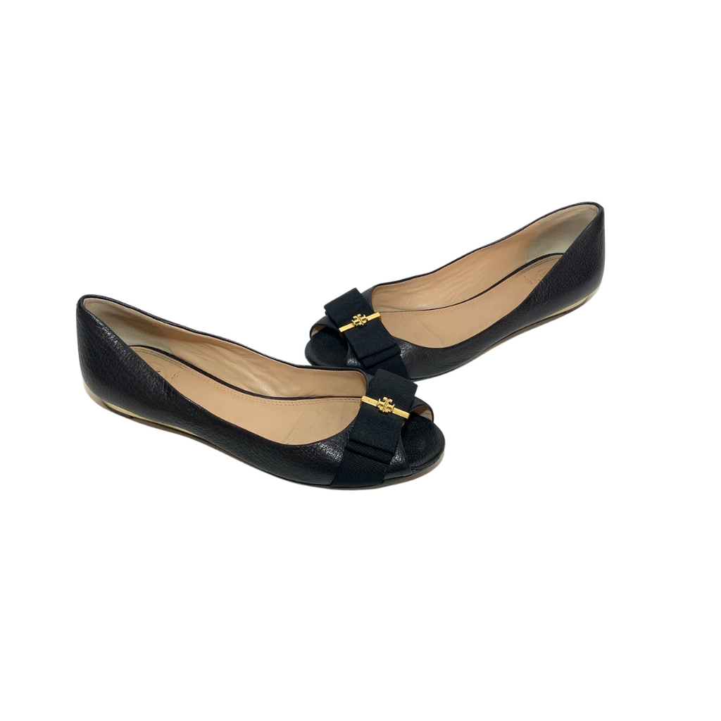 Tory Burch Black Leather Peep-toe Demi Wedges | Pre Loved |