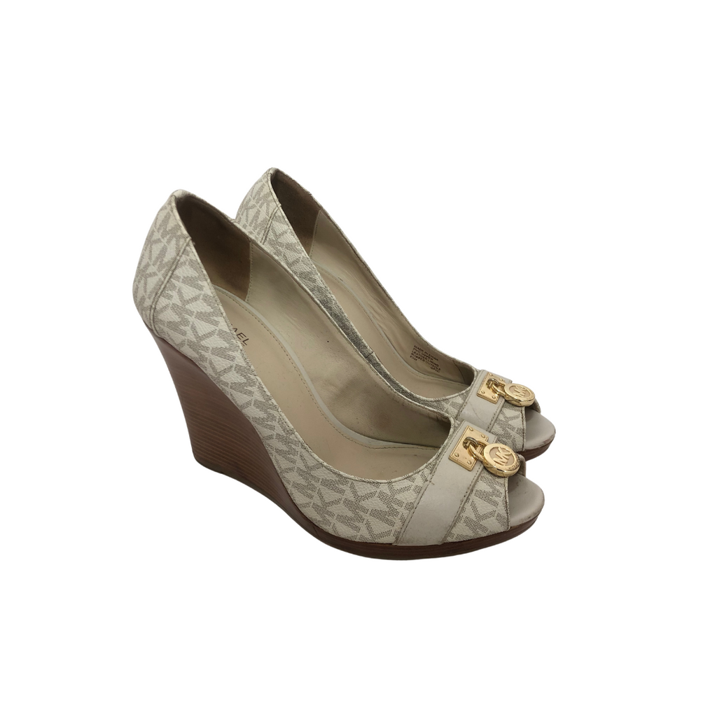 Michael Kors Vanilla Monogram 'Hamilton' Peep-toe Wedges | Pre Loved |