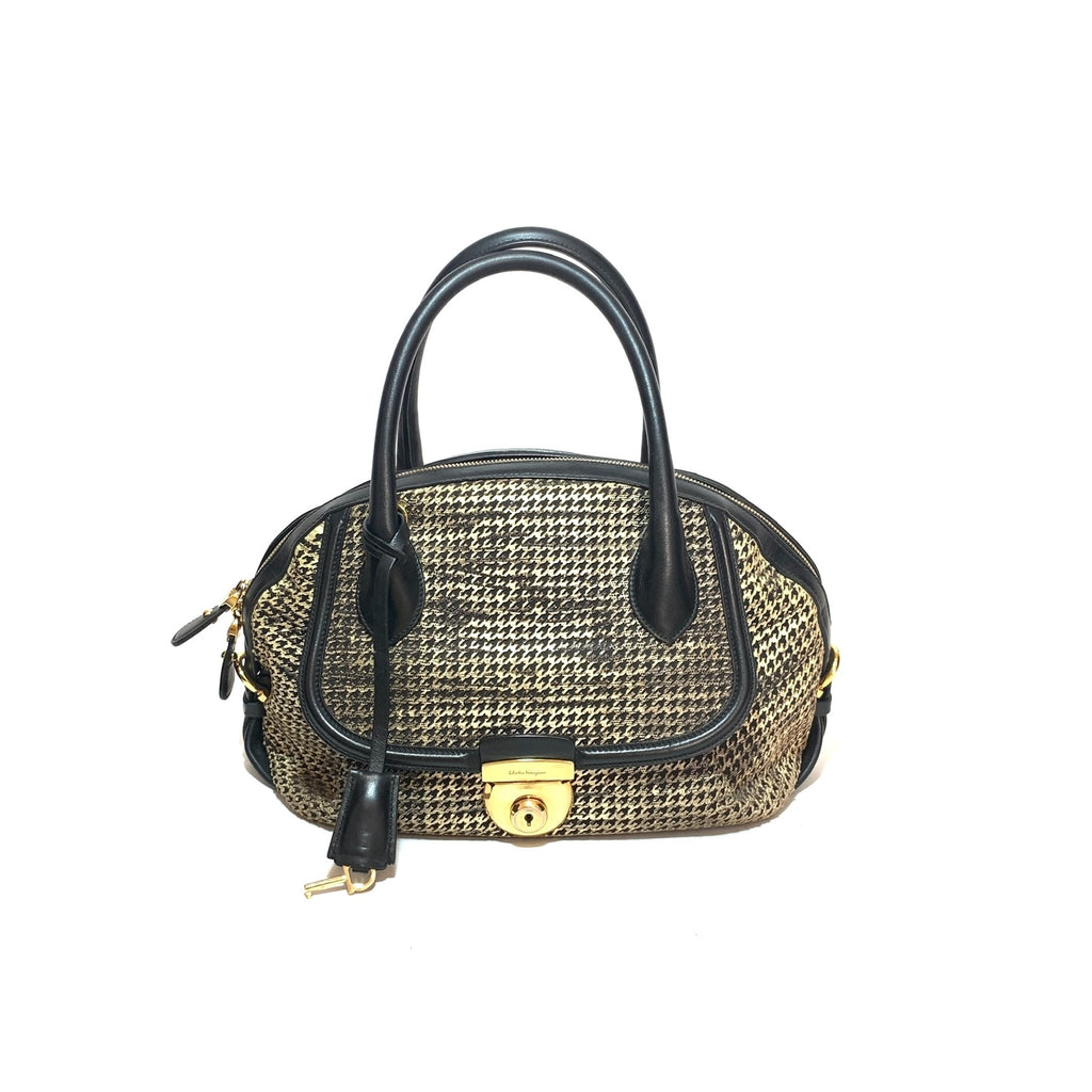 Salvatore Ferragamo Black Houndstooth Print Leather Tote | Pre Loved |