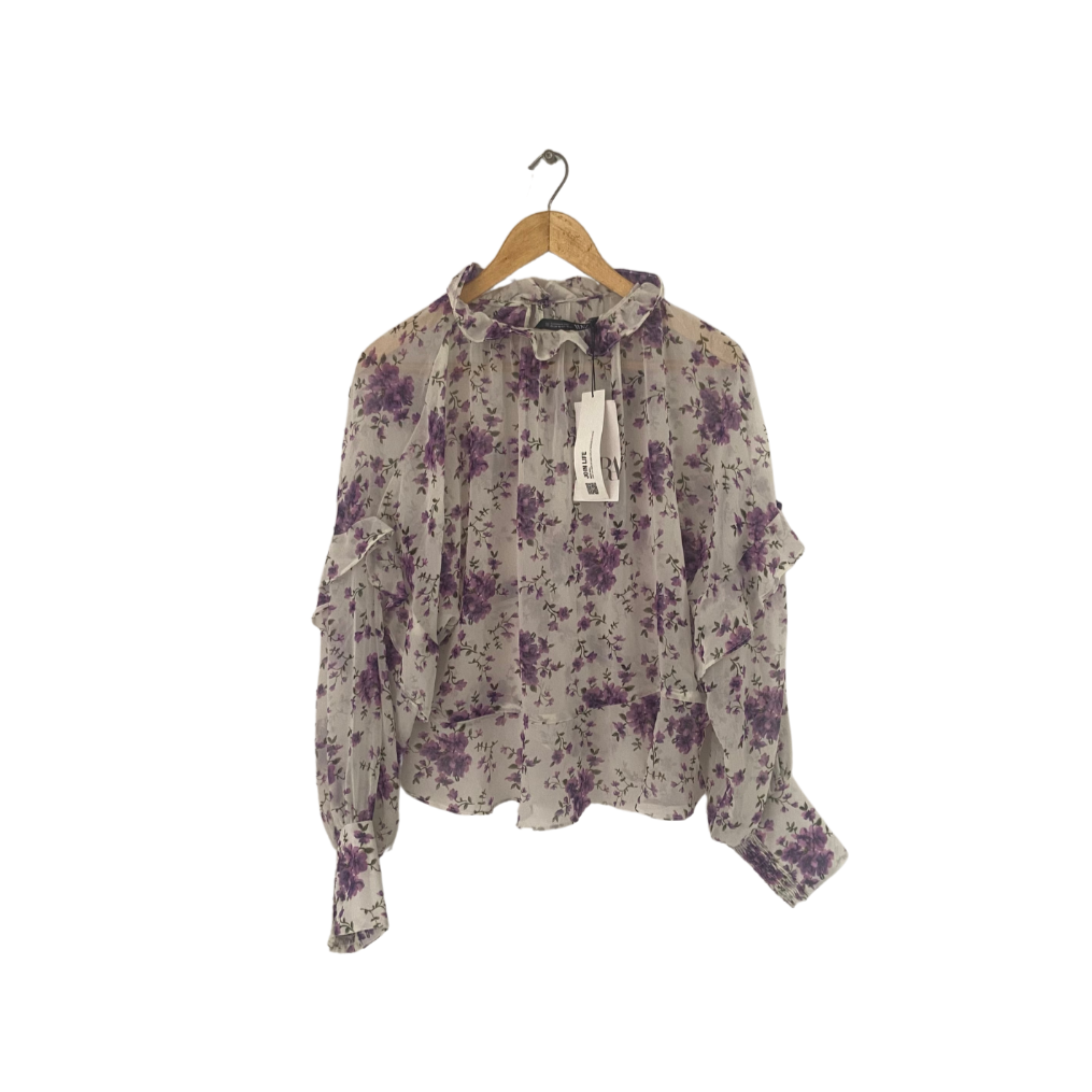 ZARA White & Purple Floral Print Sheer Blouse | Brand New |