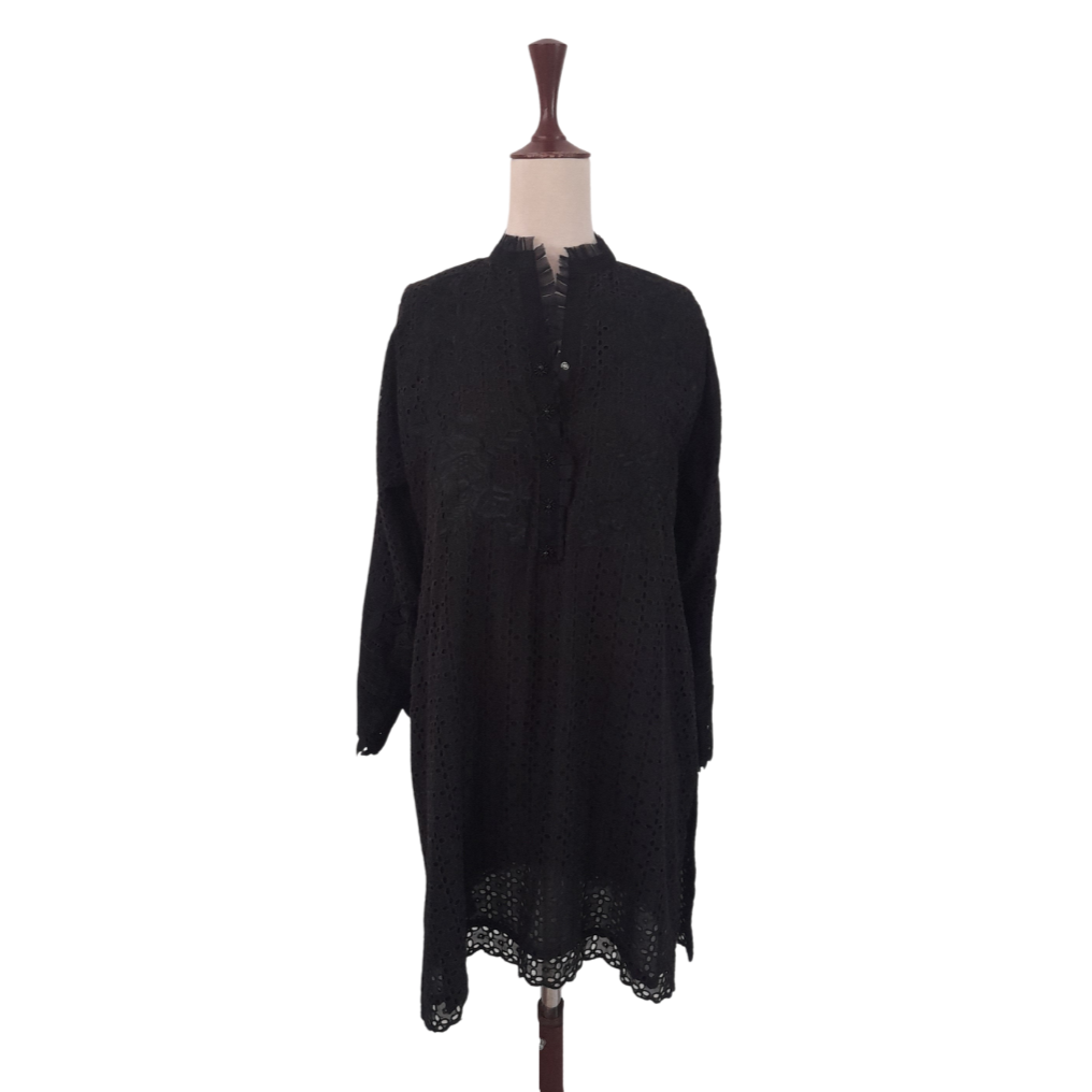 Maliha's Black Lace Cut-work Embroidered Kurta | Gently Used |