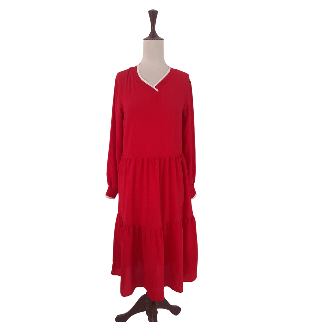 H&M Red Petite Fit with White Trim Long Dress | Brand New |