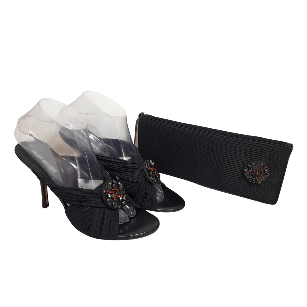 Kurt Geiger Black Pleated with Rhinestones Heels & Clutch Set | Pre Loved |