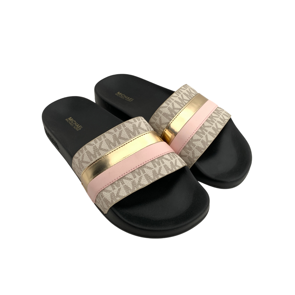 Michael Kors Black & Pink Monogram Slides | Like New |