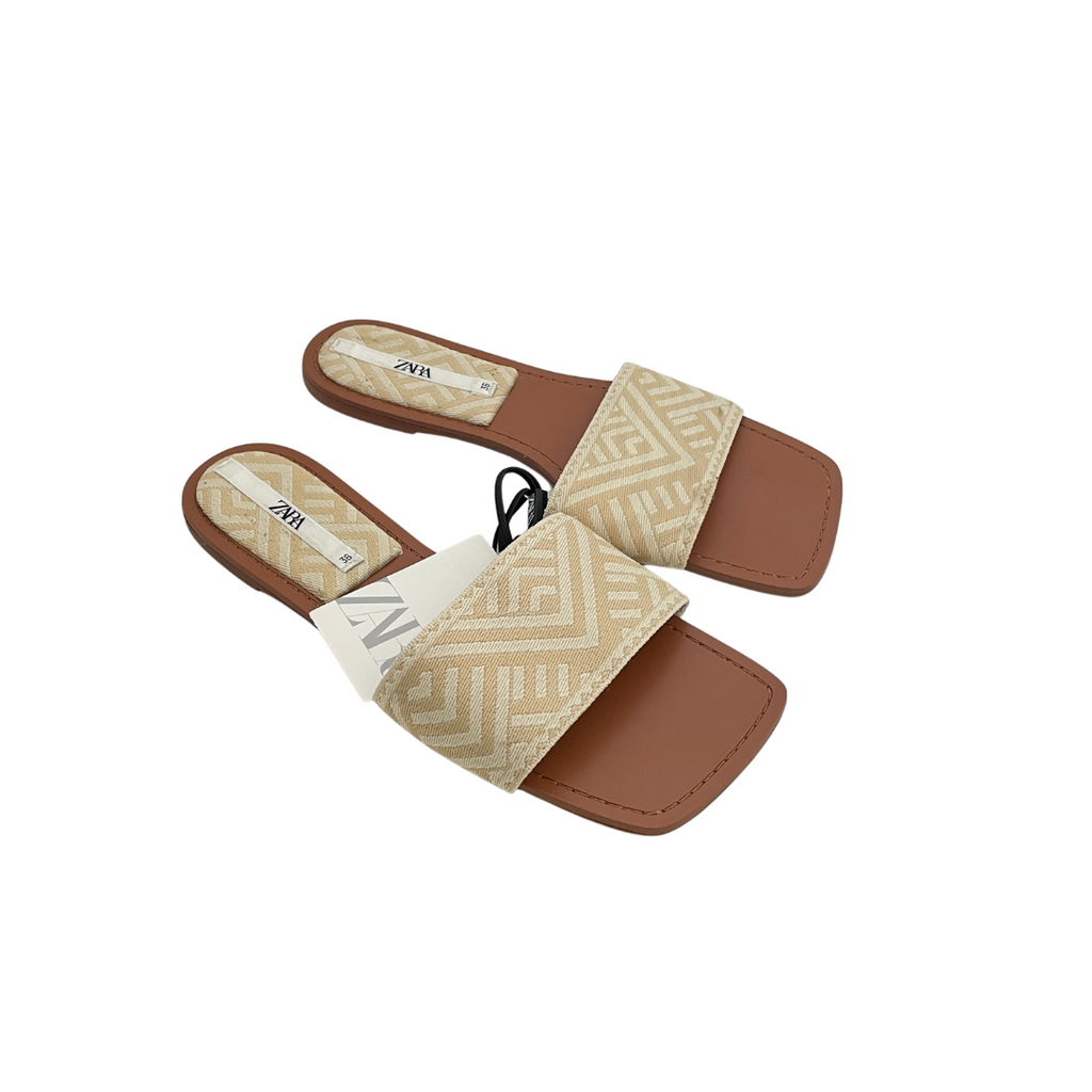 ZARA Beige & Cream Canvas Flat Slides | Brand New |