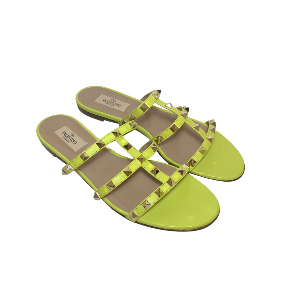 Valentino Neon Yellow Rockstud Caged Slide Sandals | Brand New |