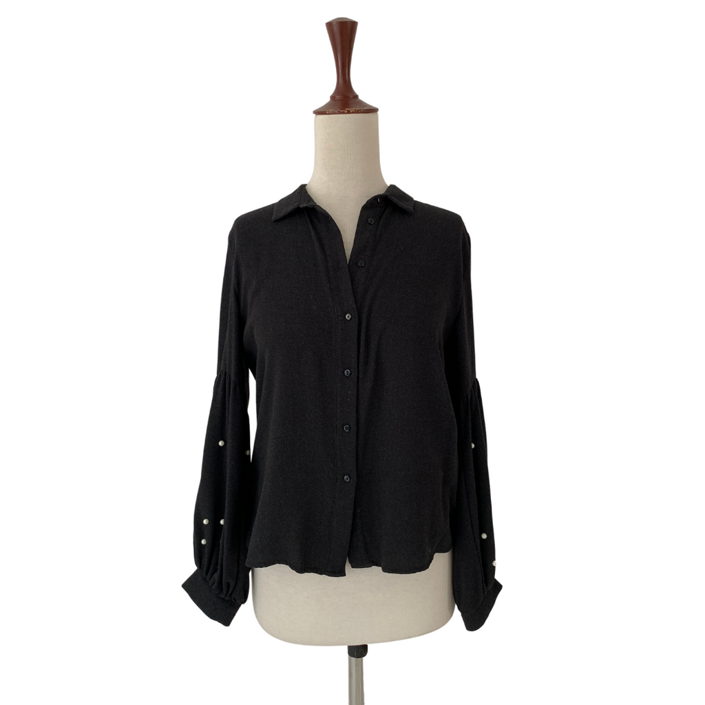 ZARA Charcoal Grey with Pearls Collared Shirt | Gently Used |