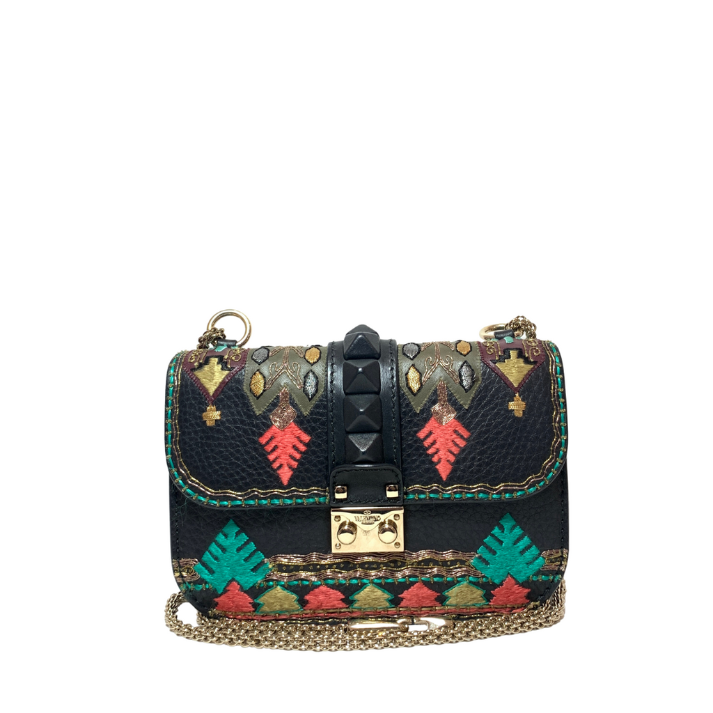Valentino Black Leather Embroidered Multi-colour Glam Lock Flap Bag | Gently Used |