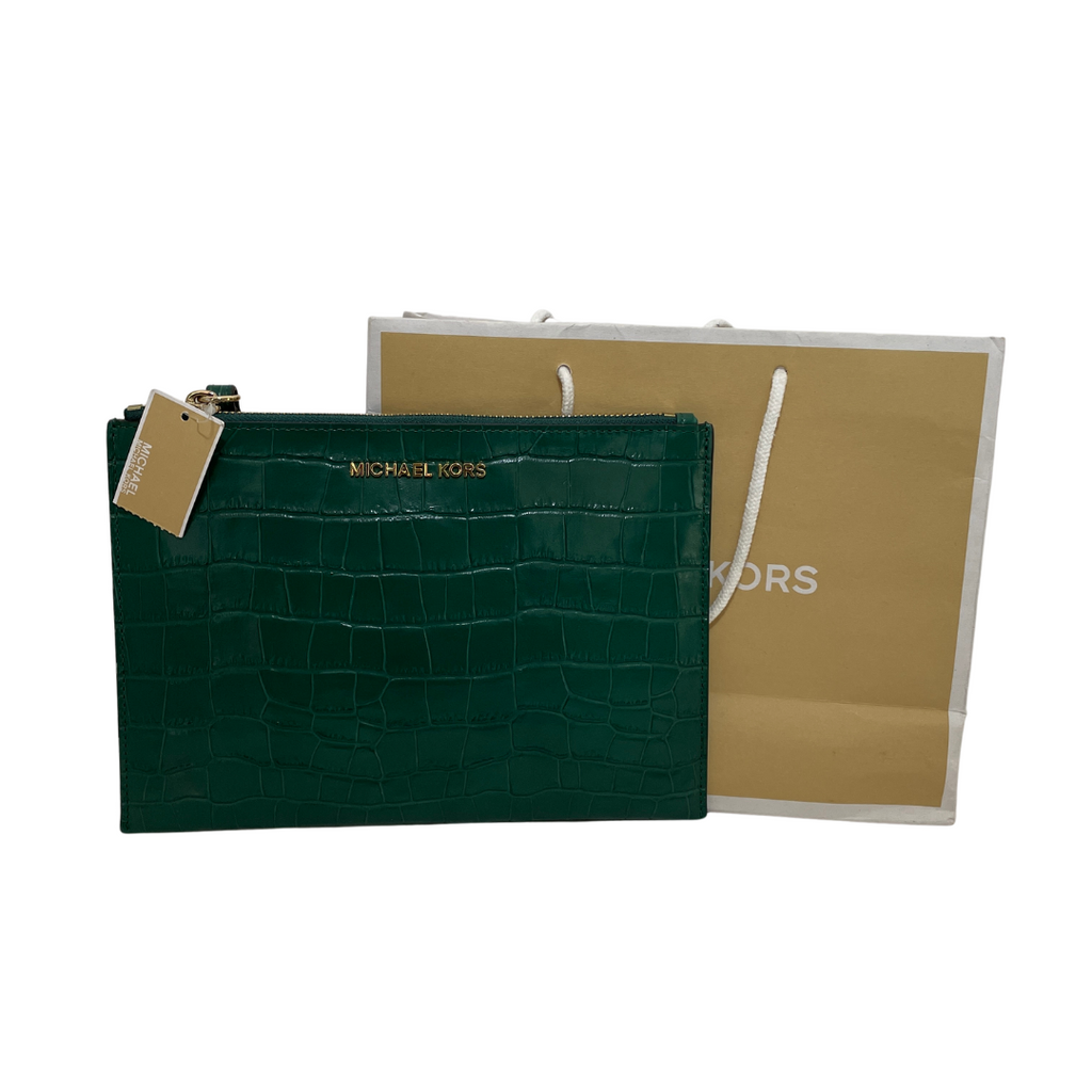 Michael Kors Emerald Embossed Leather Extra Large Zip Clutch | Brand New |